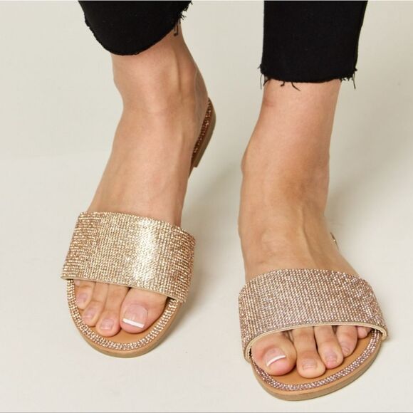 Wild Diva Shoes - Rose Gold Rhinestone Wide Strap Open Toe Flat Sandals